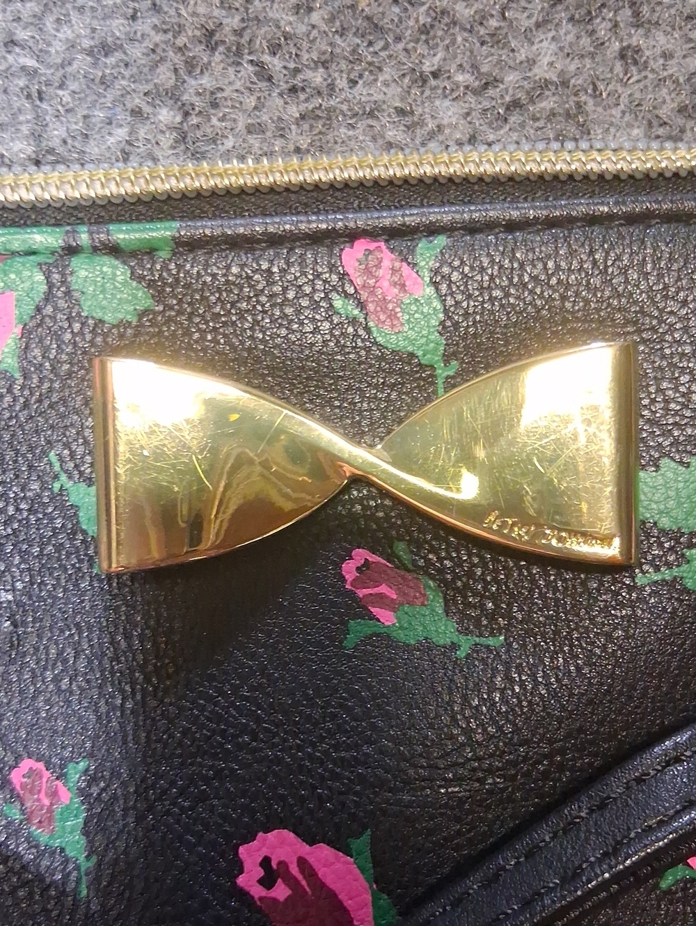 Black Floral Crossbody Wallet with Gold Bow Accent